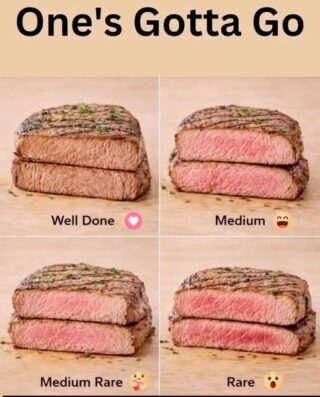 Well Done Cooked completely through with no pink inside, well done steak is firm and fully browned. It delivers a strong, savory flavor and a drier texture, preferred by those who enjoy thoroughly cooked meat with consistent doneness throughout. Medium Medium steak is cooked evenly with a warm pink center. Juicy, tender, and balanced, it offers a satisfying mix of firmness and moisture, making it a popular choice for enjoying flavor, texture, and richness together. Medium Rare Medium rare steak has a cool red center with seared edges. Extremely juicy and tender, it highlights natural beef flavor and buttery texture, often considered the ideal doneness by steak lovers and chefs alike. Rare Lightly seared on the outside with a deep red, cool center, rare steak is very tender and juicy. It emphasizes pure beef flavor, soft texture, and minimal cooking for a bold, authentic steak experience.