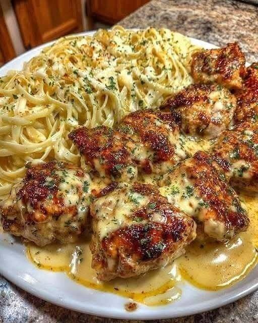 Garlic Butter Chicken Bites with Creamy Parmesan Pasta