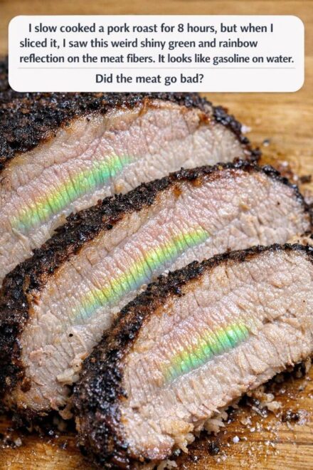 I slow cooked a pork roast for 8 hours, but when I sliced it, I saw this weird shiny green and rainbow reflection on the meat fibers. It looks like gasoline on water. Did the meat go bad?