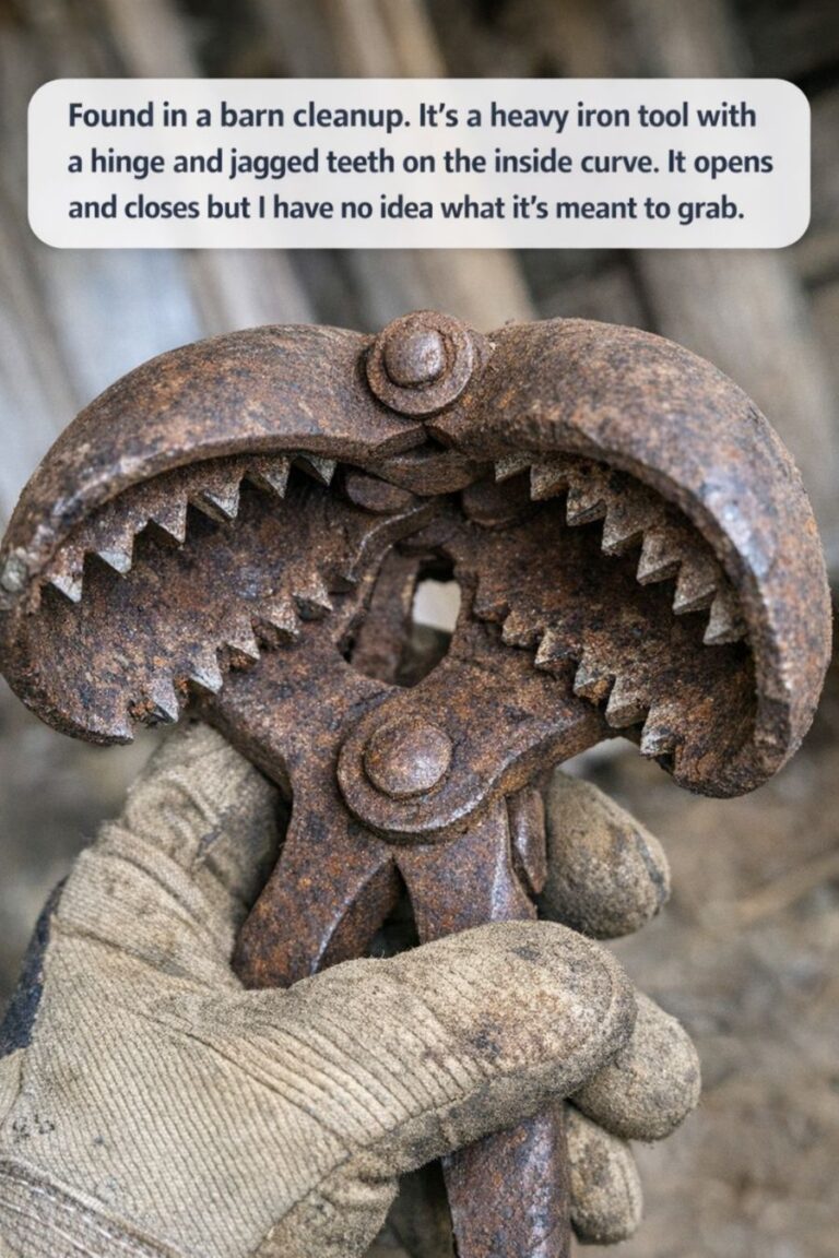 Found in a barn cleanup. It’s a heavy iron tool with a hinge and jagged teeth on the inside curve. It opens and closes but I have no idea what it’s meant to grab.