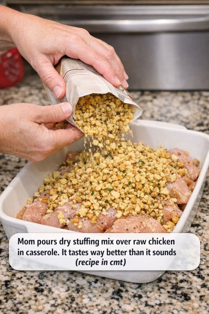 Mom pours dry stuffing mix over raw chicken in casserole. It tastes way better than it sounds