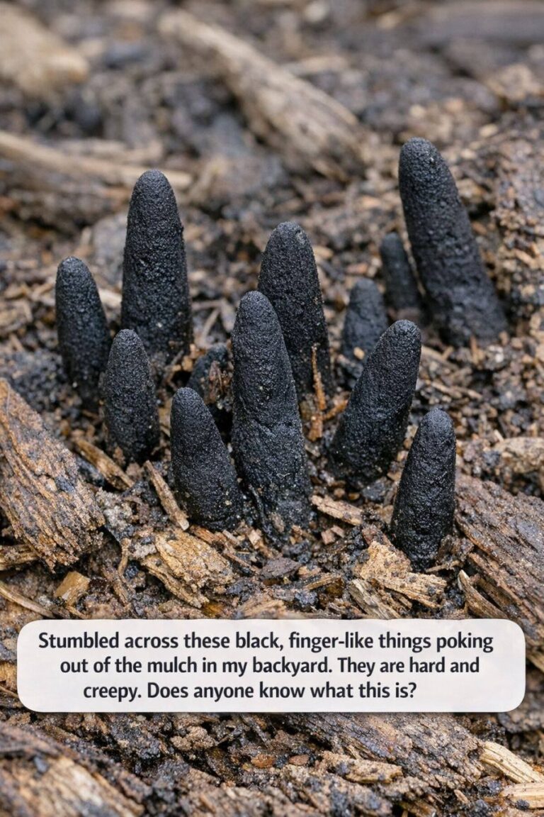 Stumbled across these black, finger-like things poking out of the mulch in my backyard. They are hard and creepy. Does anyone know what this is?