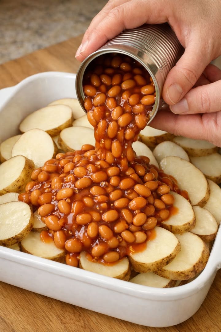 Dump canned baked beans over raw sliced russet potatoes, together with 2 more ingredients, into a ceramic baking dish for a hearty supper that’s my default when I don’t know what to make