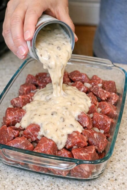 Pour Cream of Mushroom Soup Over Raw Beef Stew Meat for This Easy 4-Ingredient Comfort Dinner