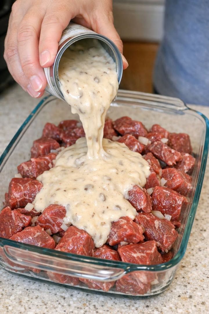 Pour Cream of Mushroom Soup Over Raw Beef Stew Meat for This Easy 4-Ingredient Comfort Dinner